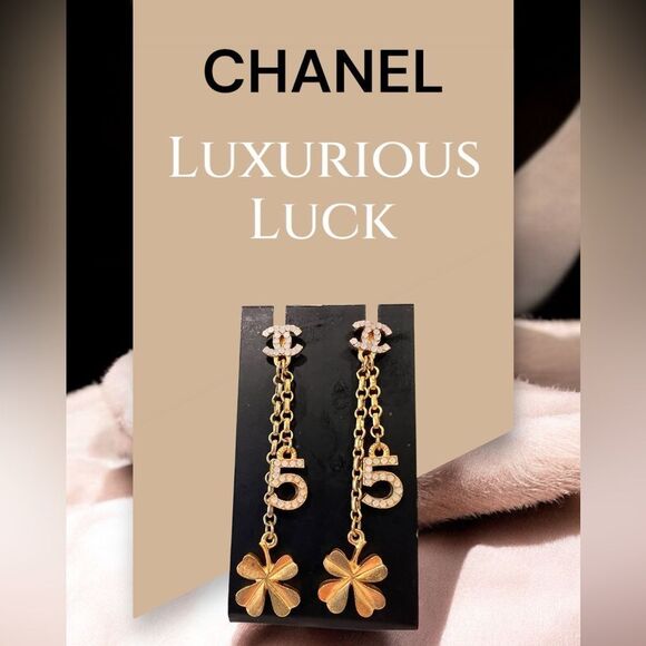 CHANEL Gold and Rhinestone Earrings with Logo and Clover Charm - Picture 1 of 8
